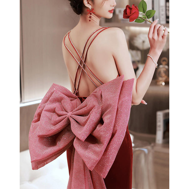CRISS CROSS TIE BACKLESS BOW DRESS