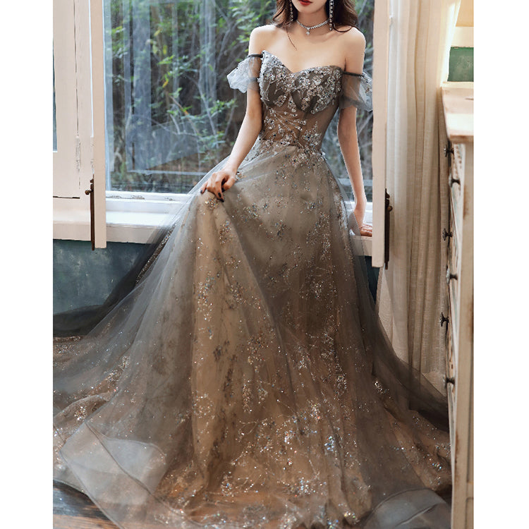#30077 OFF SHOULDER SEQUINS EVENING DRESS