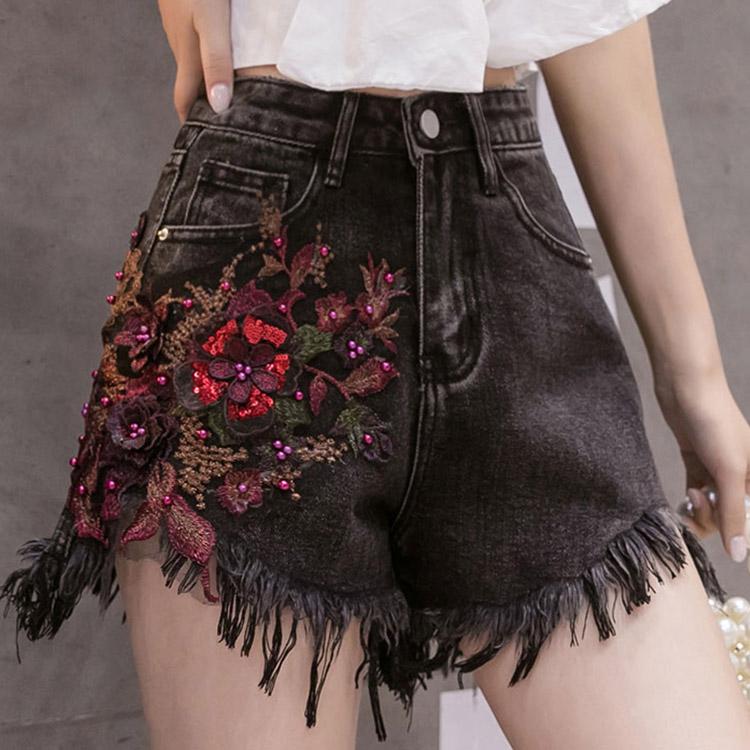 #5056 Beaded Tassel Denim Shorts