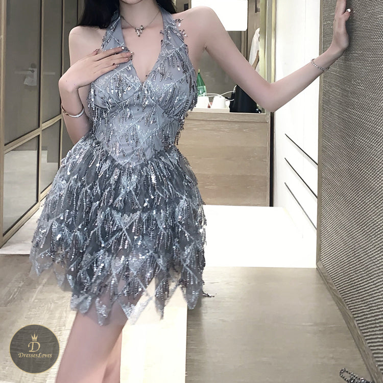 #5366 DEEP V NECK HALTERNECK SEQUIN PARTY DRESS