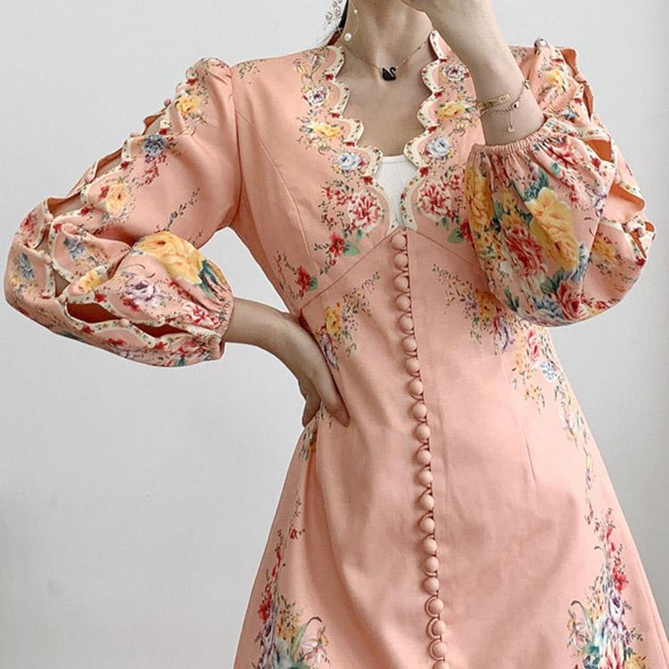 #7164 ETHNIC PRINT V-NECK HOLLOW EMBROIDERY DRESS