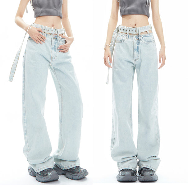 CUTOUT BELT WASHED LIGHT BLUE DENIM TROUSERS