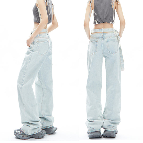 CUTOUT BELT WASHED LIGHT BLUE DENIM TROUSERS