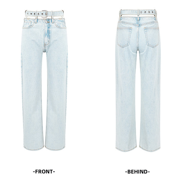CUTOUT BELT WASHED LIGHT BLUE DENIM TROUSERS