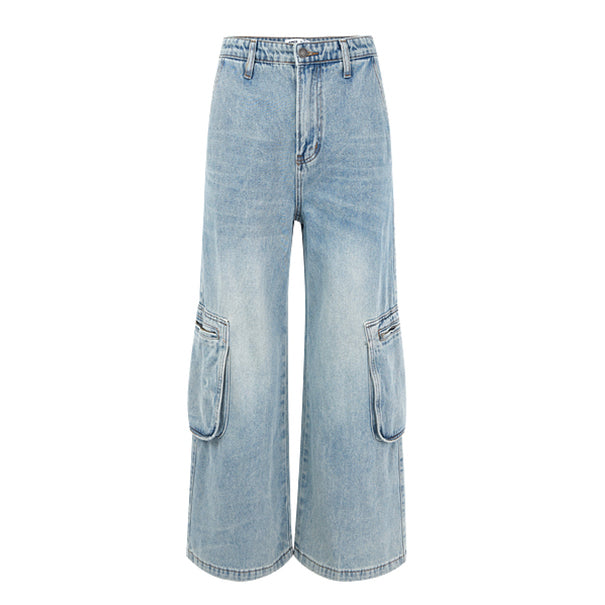 HIGH WAIST LOOSE WIDE LEG STRAIGHT DENIM TROUSERS