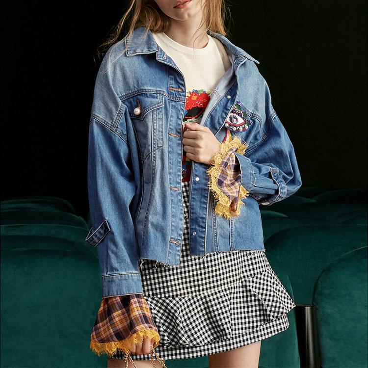 Embroidered Check Flare Sleeve Jacket