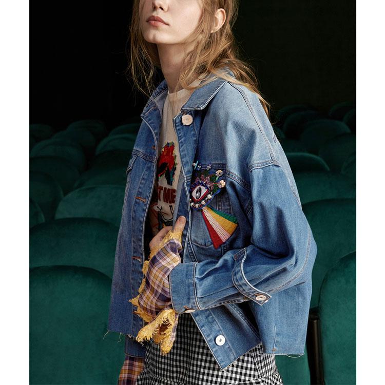 Embroidered Check Flare Sleeve Jacket