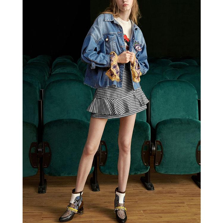 Embroidered Check Flare Sleeve Jacket