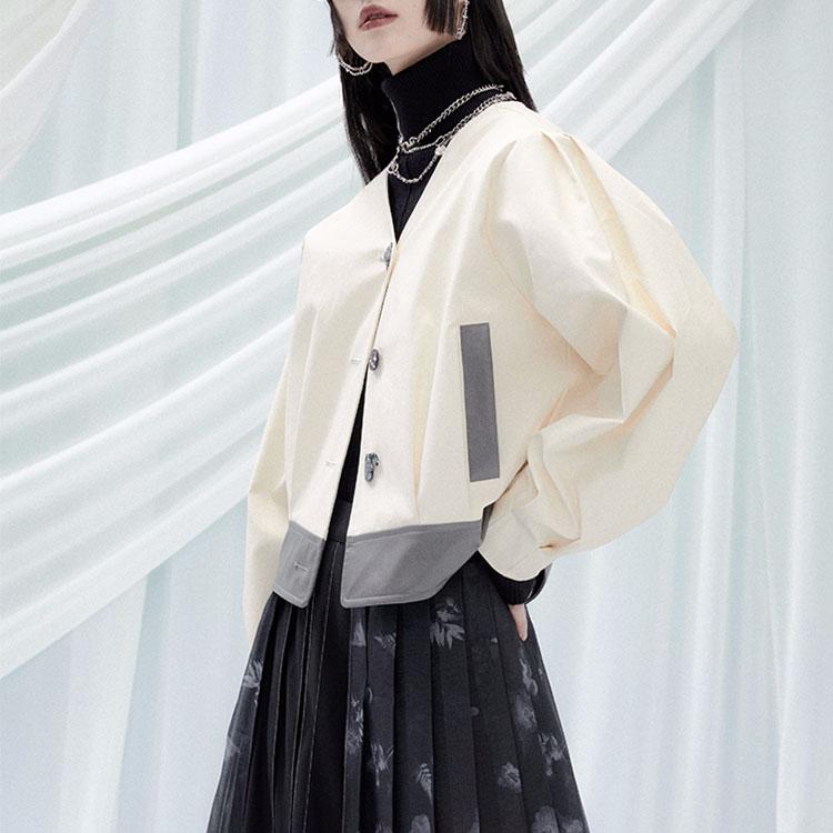 V-neck leather loose stitching jacket