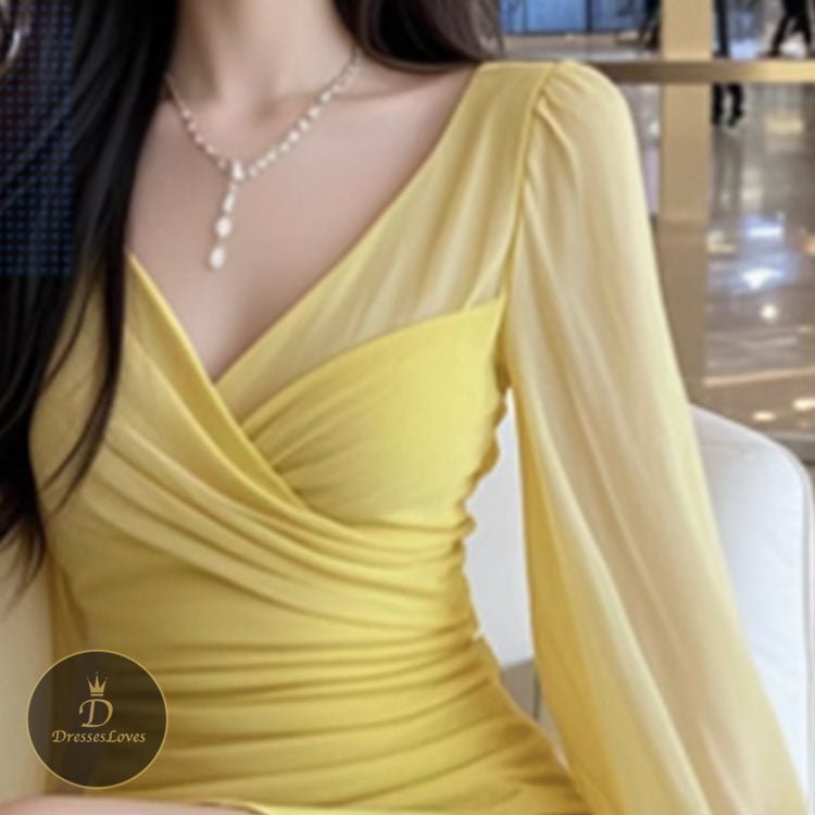 V-NECK WAIST LONG SLEEVES DRESS #5492