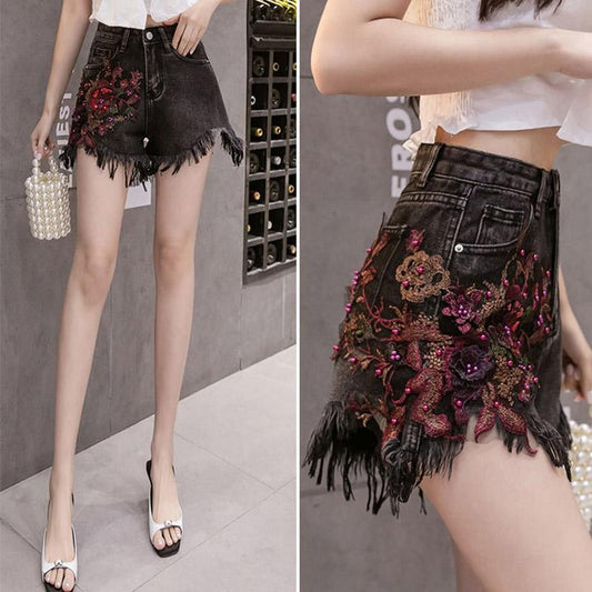 #5056 Beaded Tassel Denim Shorts