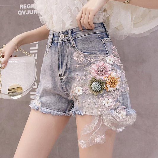 #5057 Embroidered Beaded Denim Shorts