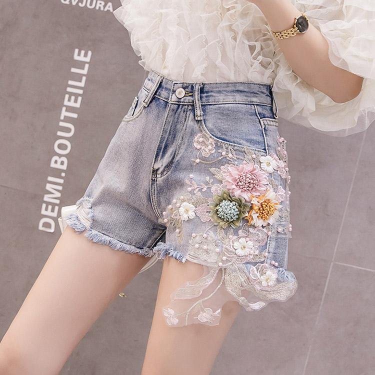 5057 Embroidered Beaded Denim Shorts - DresseslovesOOTD