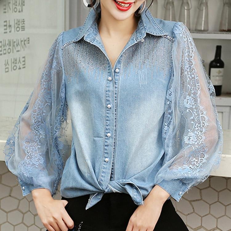 5073 Lace Stitching Sequins Beaded Denim Shirt - DresseslovesOOTD