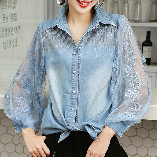 5073 Lace Stitching Sequins Beaded Denim Shirt - DresseslovesOOTD