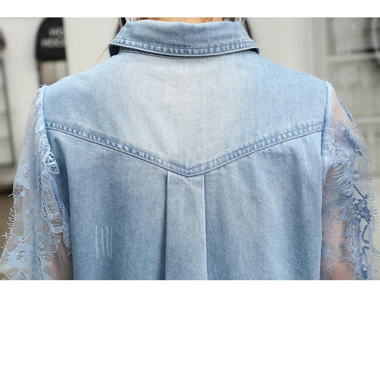 5073 Lace Stitching Sequins Beaded Denim Shirt - DresseslovesOOTD