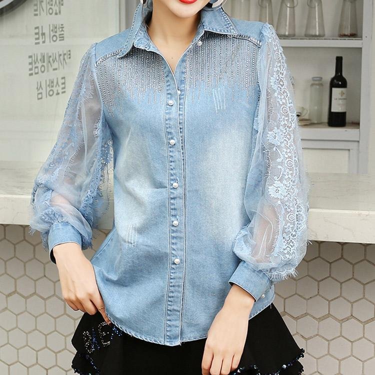 5073 Lace Stitching Sequins Beaded Denim Shirt - DresseslovesOOTD