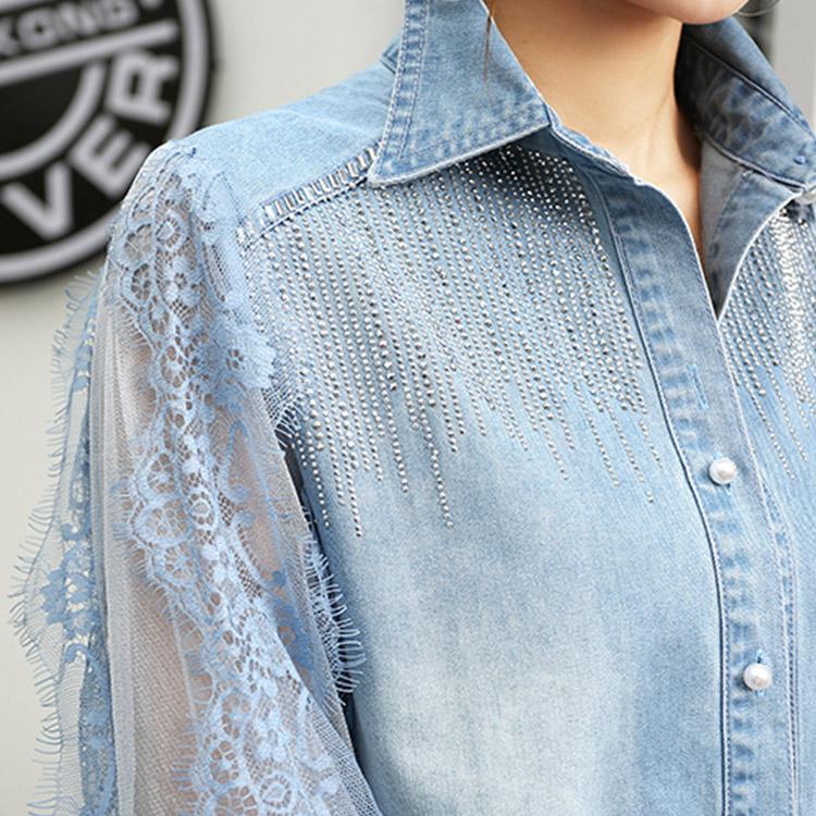 5073 Lace Stitching Sequins Beaded Denim Shirt - DresseslovesOOTD