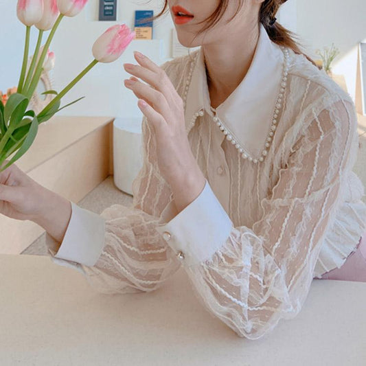 #5079  Lantern Sleeve Lace Chiffon Shirt