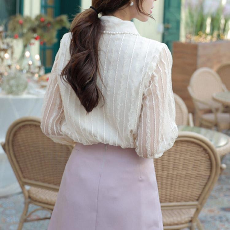 5079 Lantern Sleeve Lace Chiffon Shirt - DresseslovesOOTD