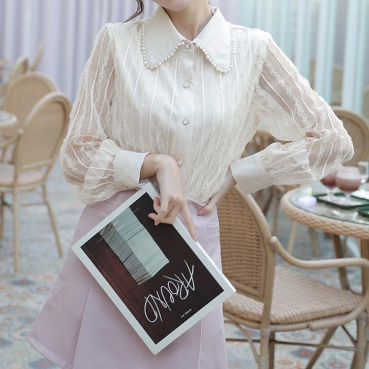 5079 Lantern Sleeve Lace Chiffon Shirt - DresseslovesOOTD