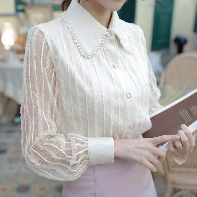 5079 Lantern Sleeve Lace Chiffon Shirt - DresseslovesOOTD