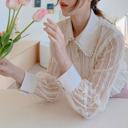 5079 Lantern Sleeve Lace Chiffon Shirt - DresseslovesOOTD
