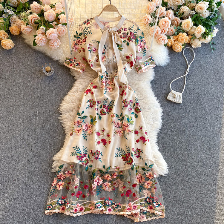 #5150 Bow-neck embroidered flower dress