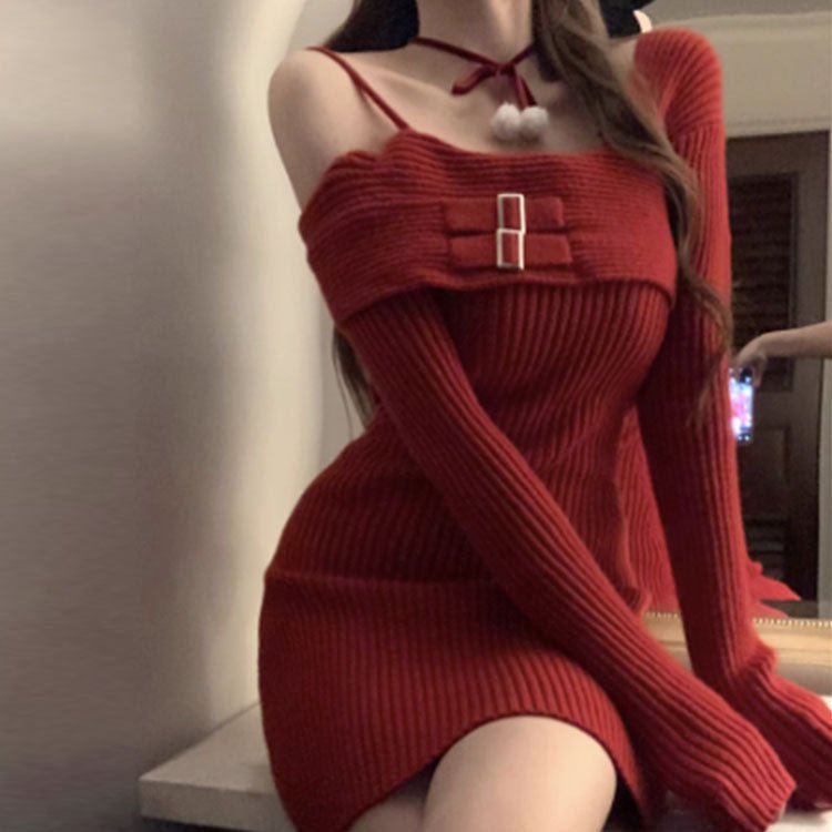 5436 OPEN - SHOULDER KNIT DRESS - DresseslovesOOTD