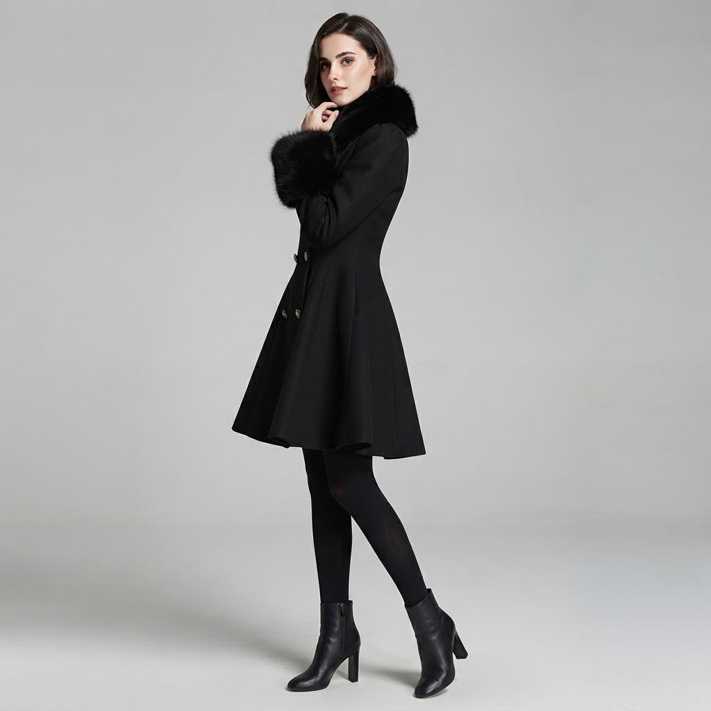 Faux Fur Collar Belted Wool Coat