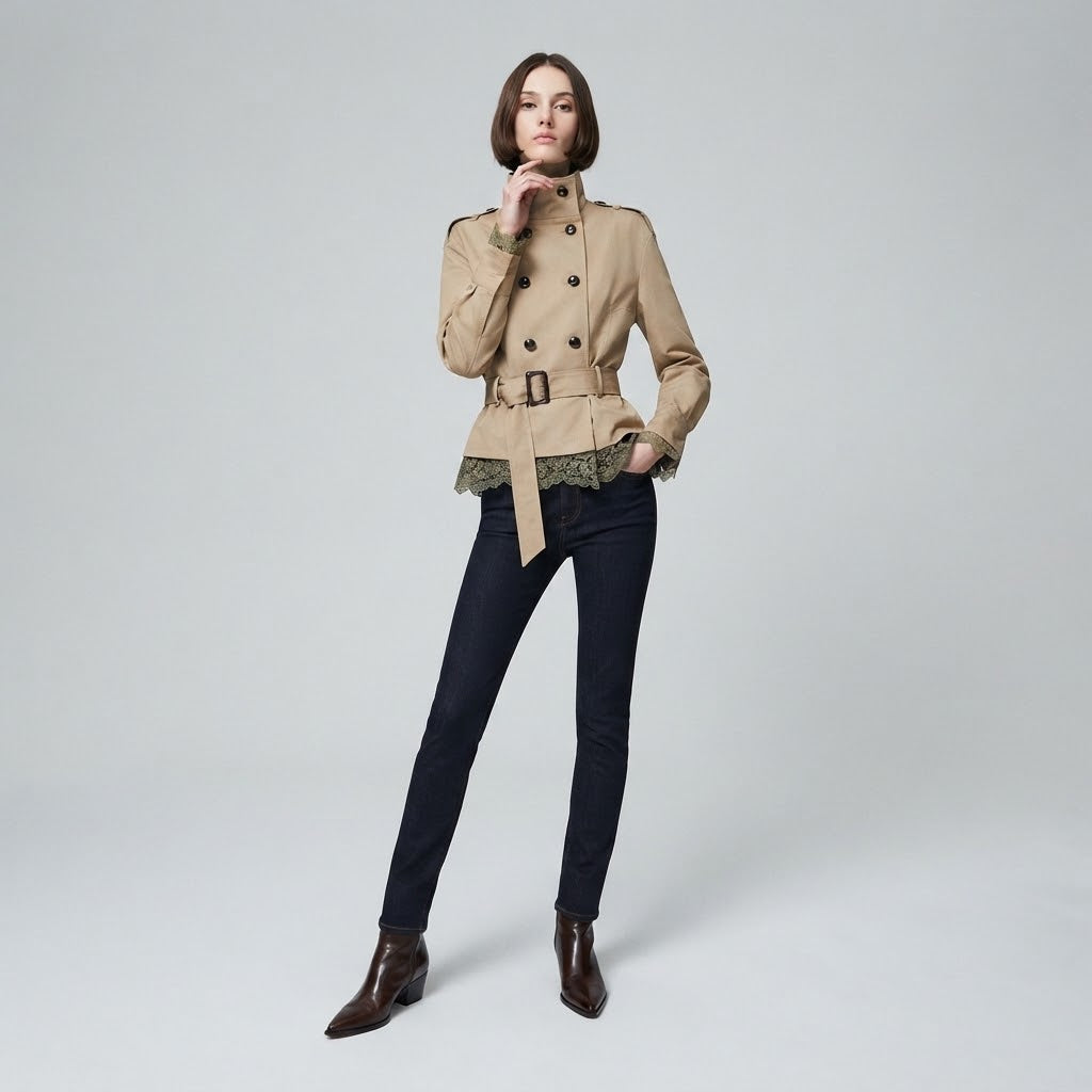 Vintage Lace Patchwork Double-Breasted Trench Coat