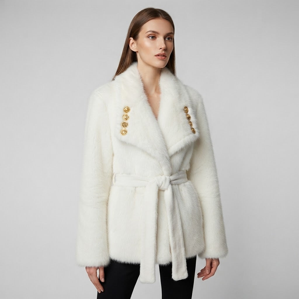 Cinched-Waist Plush Winter Coat
