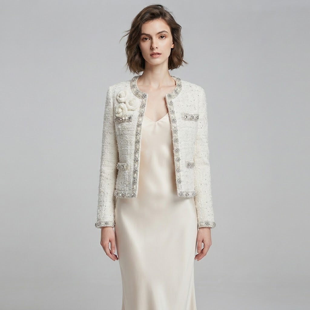 Crystal Flower Embellished Shimmer Tweed Jacket