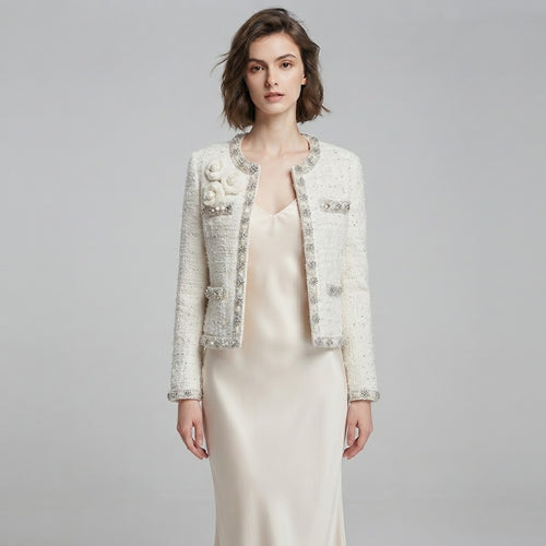 Crystal Flower Embellished Shimmer Tweed Jacket