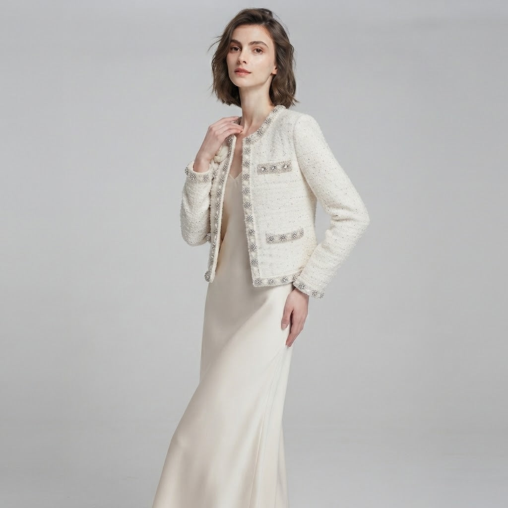 Crystal Flower Embellished Shimmer Tweed Jacket
