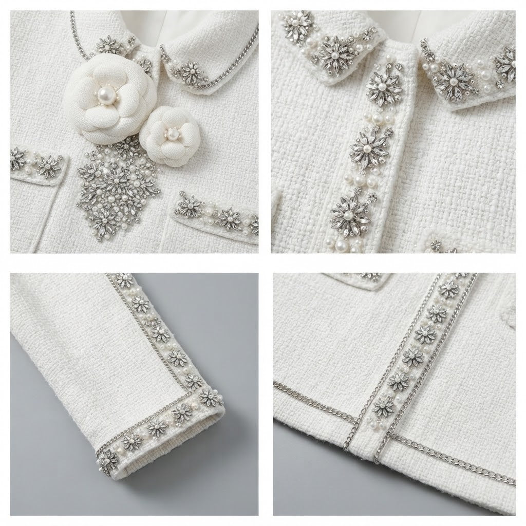 Crystal Flower Embellished Shimmer Tweed Jacket