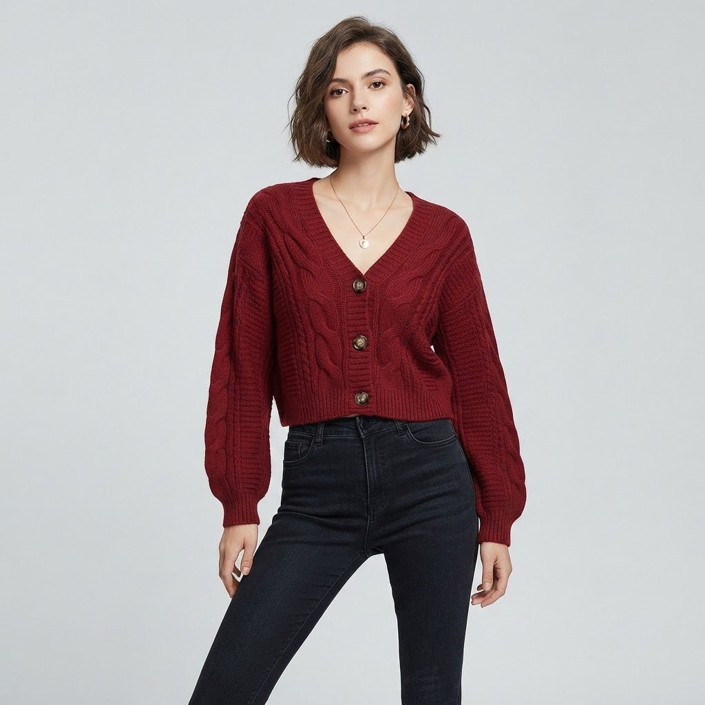 Slouchy Cable-Knit V-Neck Sweater Coat