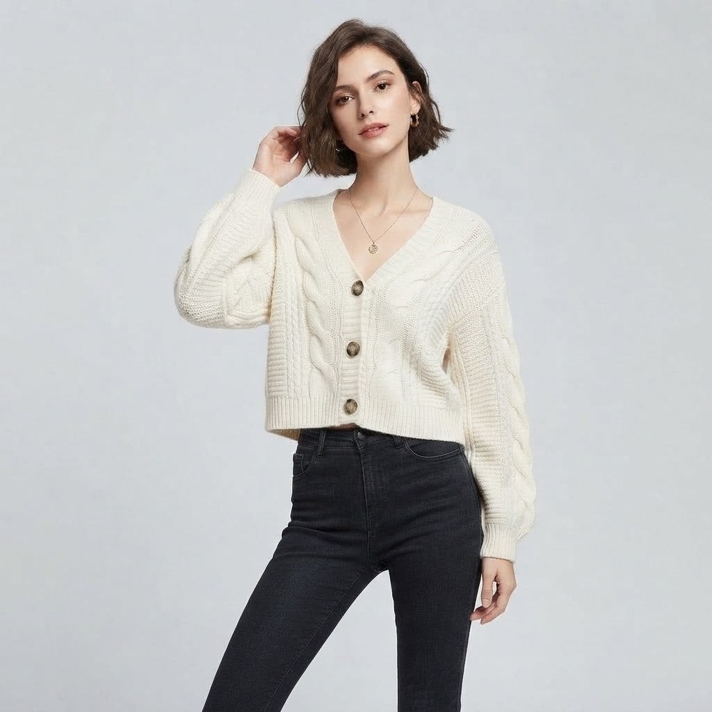 Slouchy Cable-Knit V-Neck Sweater Coat