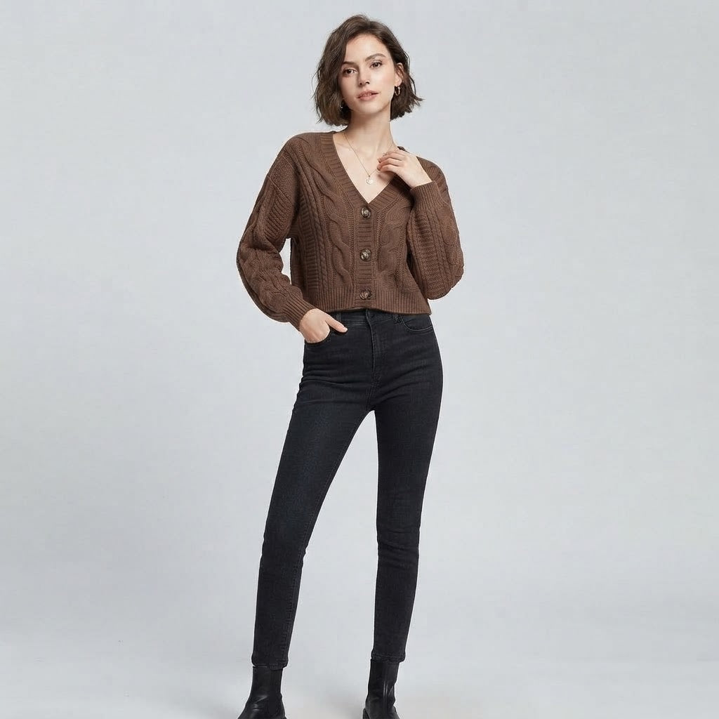 Slouchy Cable-Knit V-Neck Sweater Coat