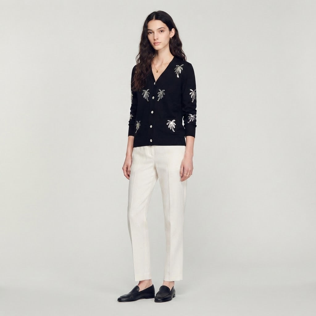 Sequin-Embellished Wool V-Neck Cardigan Jacket