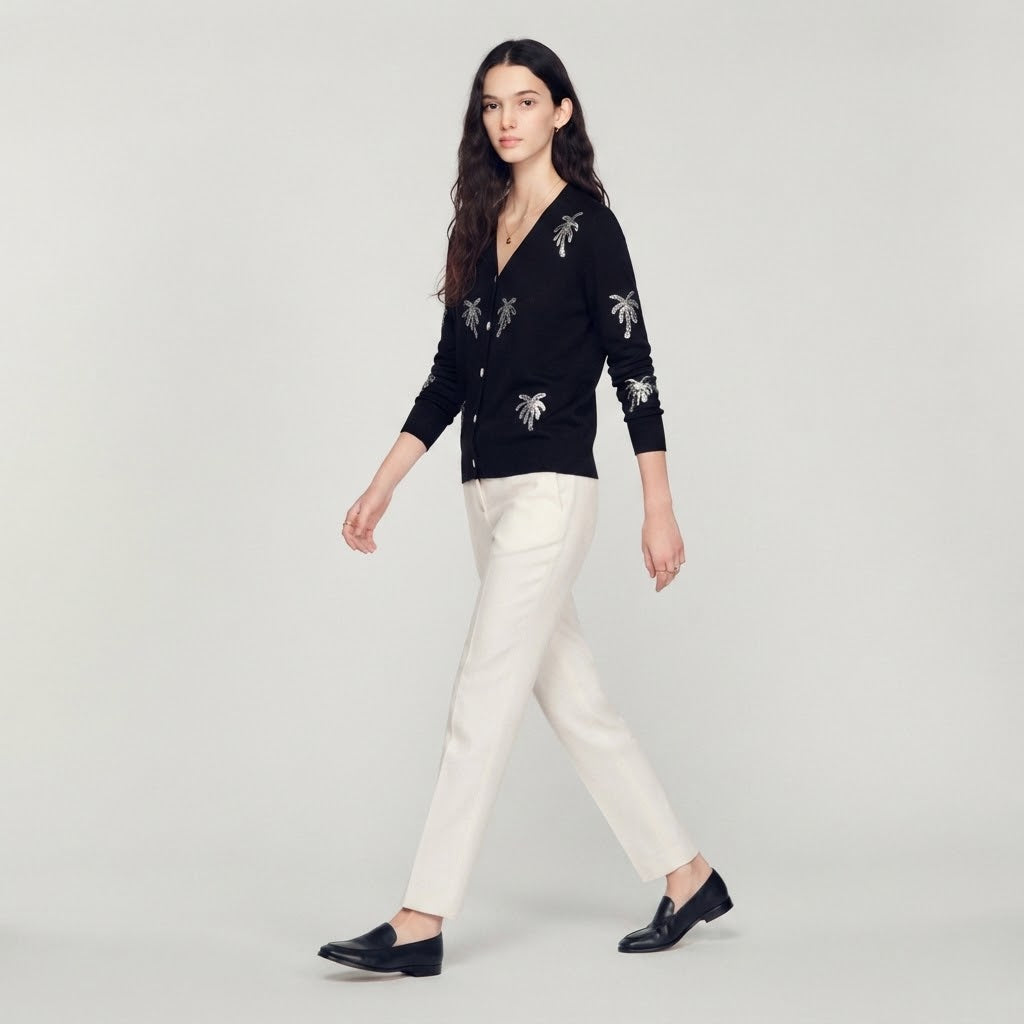 Sequin-Embellished Wool V-Neck Cardigan Jacket