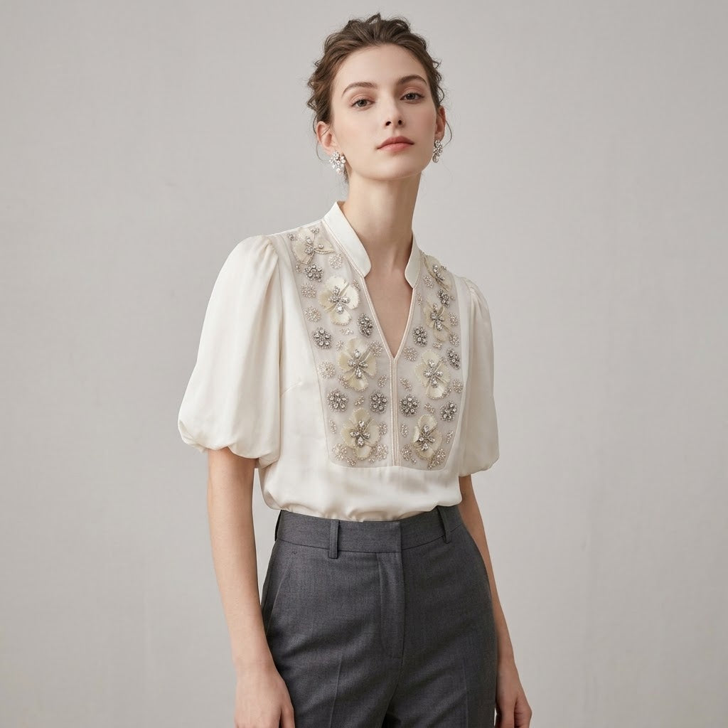 3D Floral Beaded Spliced Lantern Sleeve Blouse