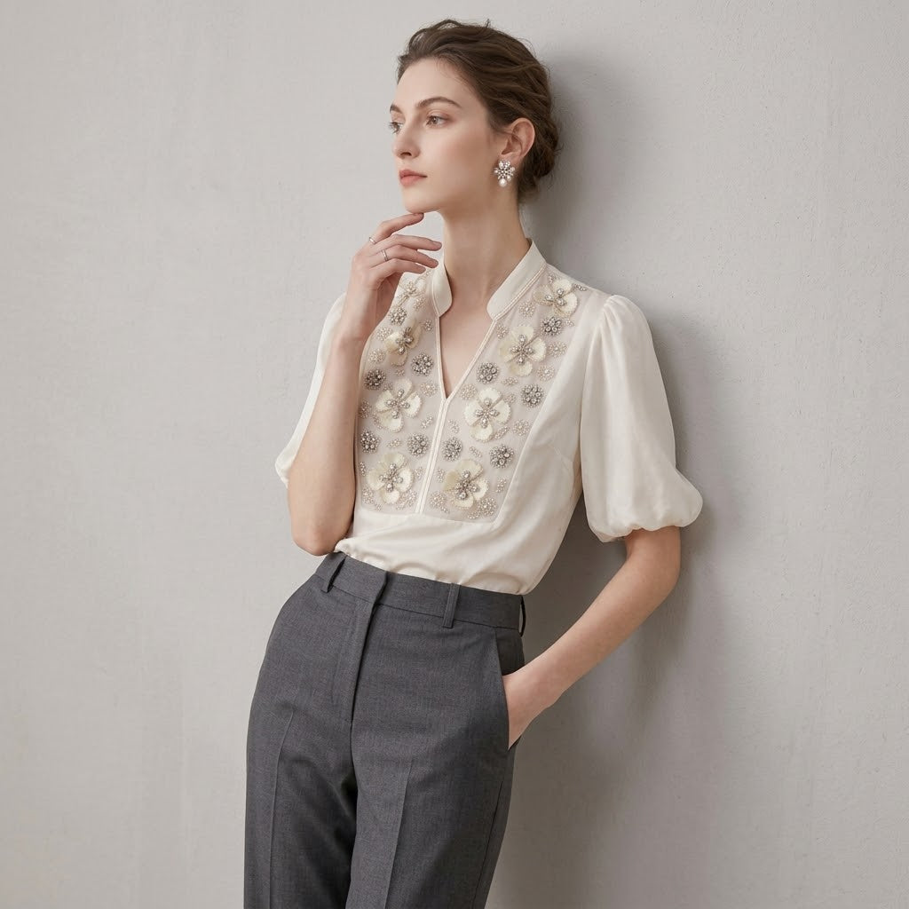3D Floral Beaded Spliced Lantern Sleeve Blouse
