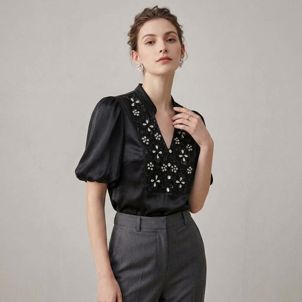 3D Floral Beaded Spliced Lantern Sleeve Blouse