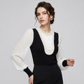 Pearl-Embellished Knit Spliced Chiffon Lantern Sleeve Top