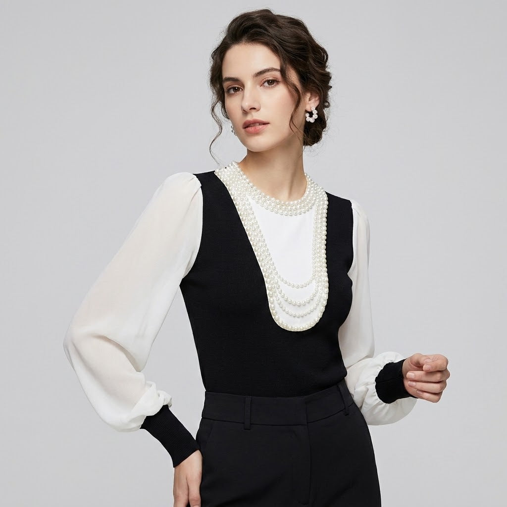 Pearl-Embellished Knit Spliced Chiffon Lantern Sleeve Top