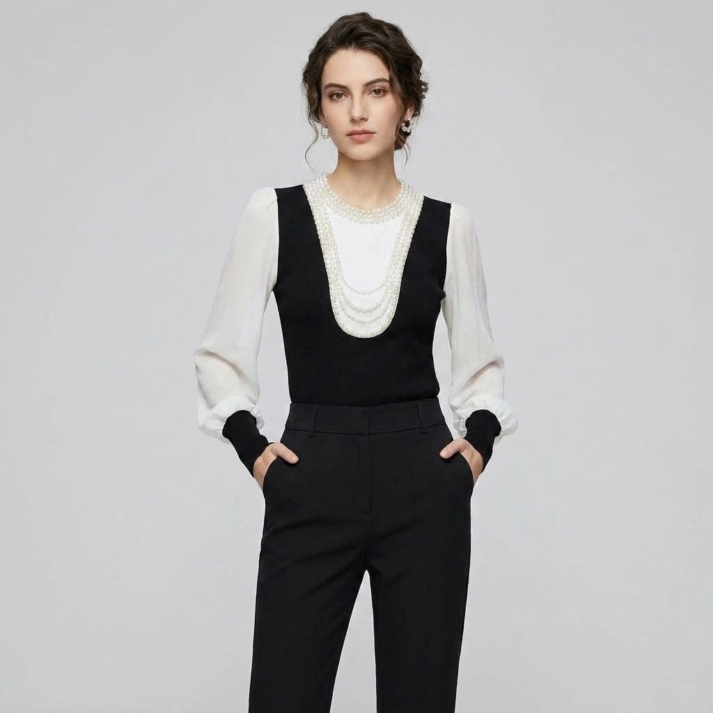 Pearl-Embellished Knit Spliced Chiffon Lantern Sleeve Top