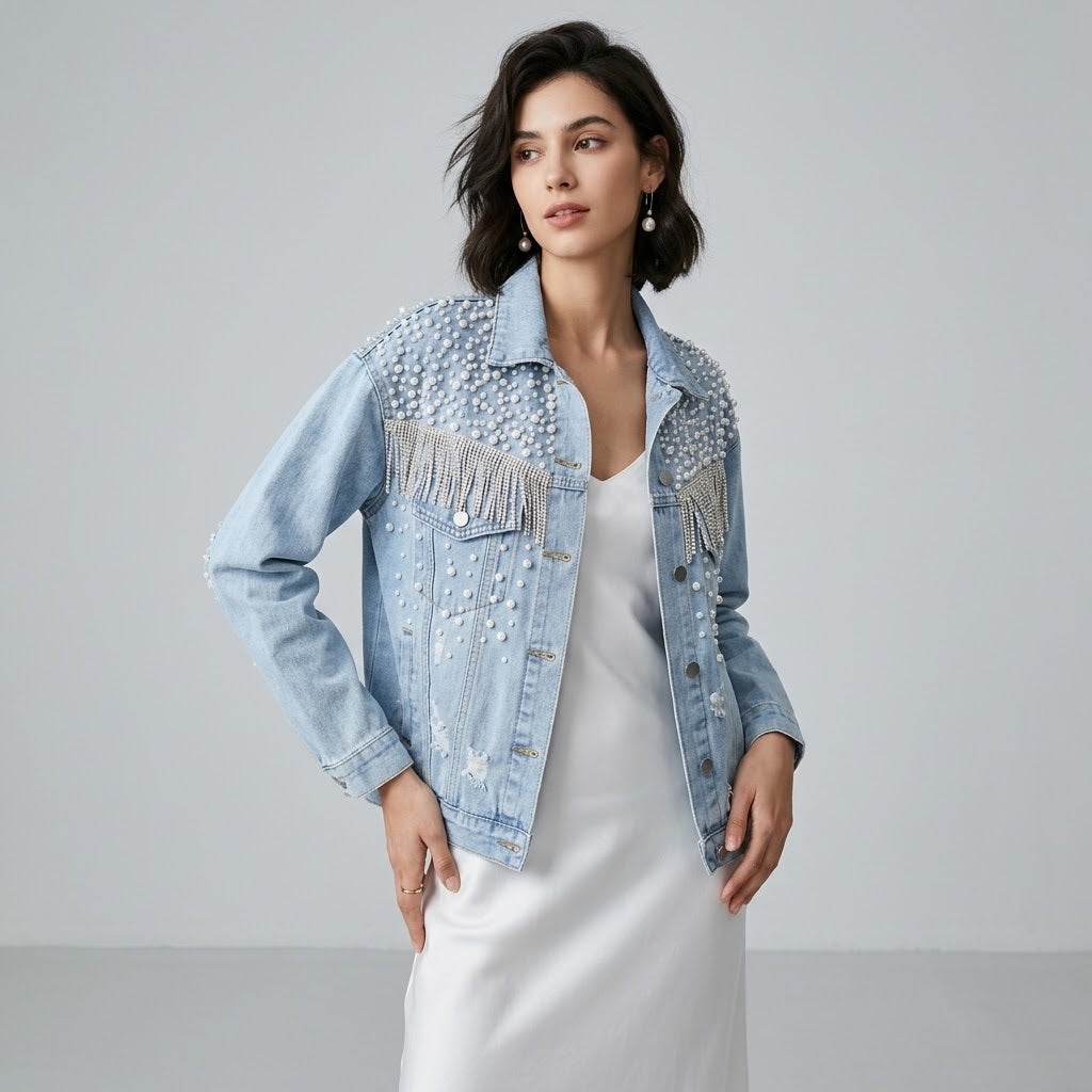 Pearl & Sequin Embellished Denim Jacket