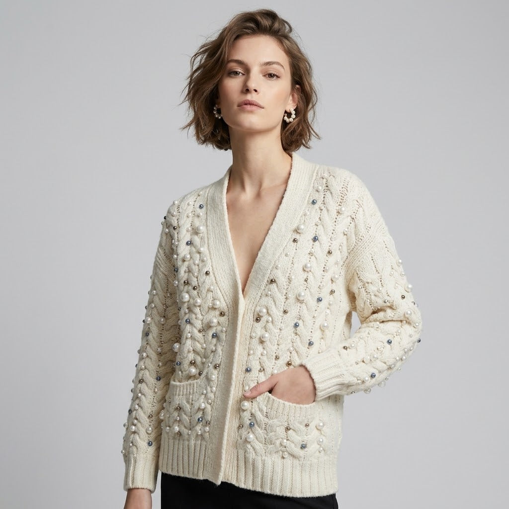 Pearl & Crystal Embellished Cable-Knit Cardigan Jacket