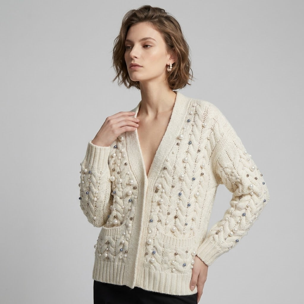 Pearl & Crystal Embellished Cable-Knit Cardigan Jacket
